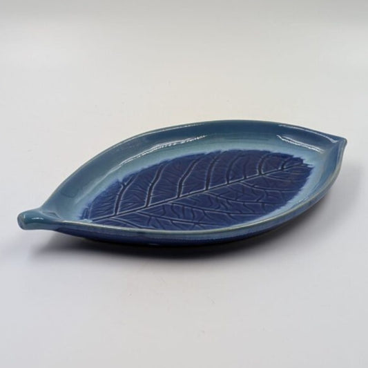 Platter - Leaf Shape Royal Blue Glazed with Vein Texture